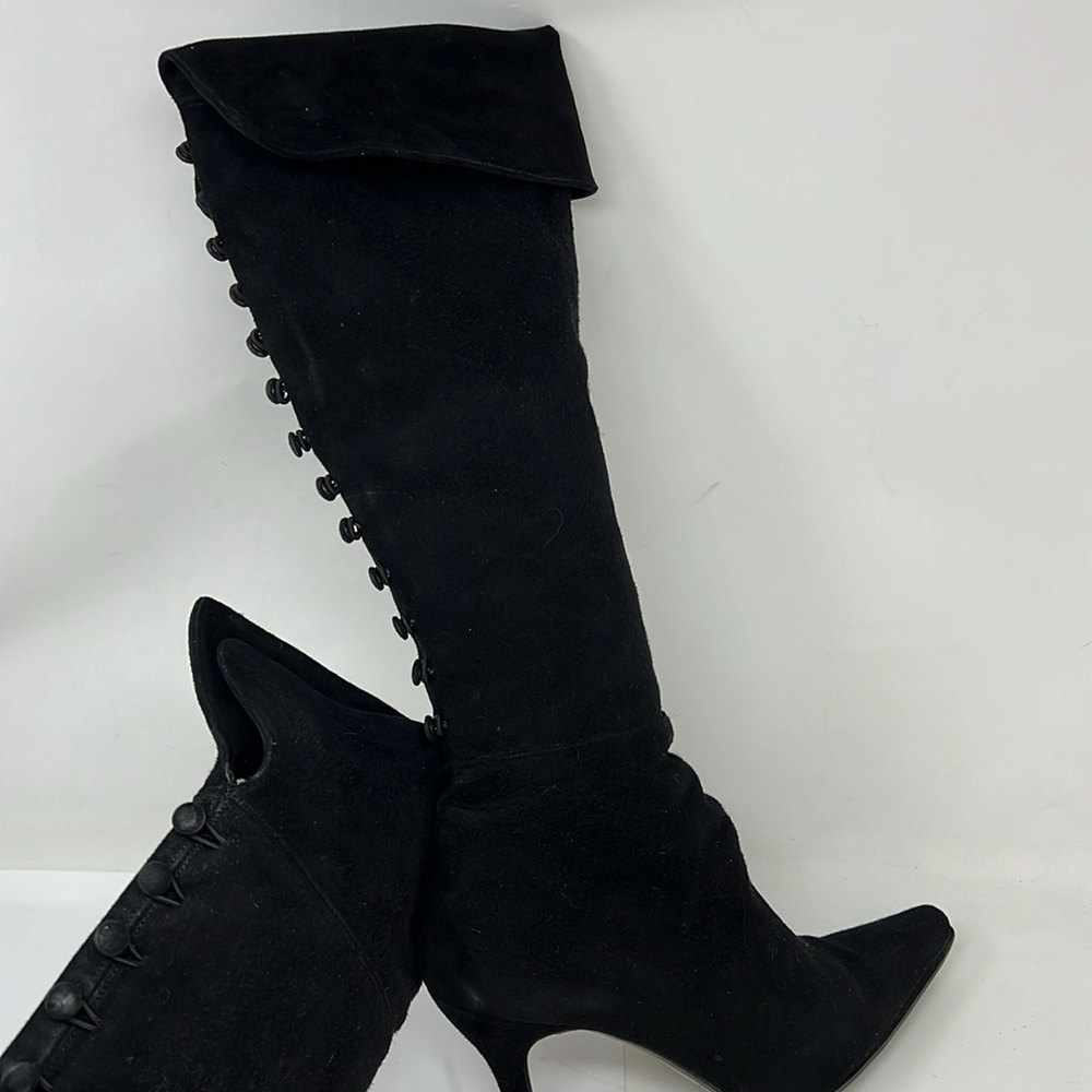 Stuart Weitzman Sz 8 Tall Black Suede Pull On Zipper Back Button Boots - Picture 3 of 11